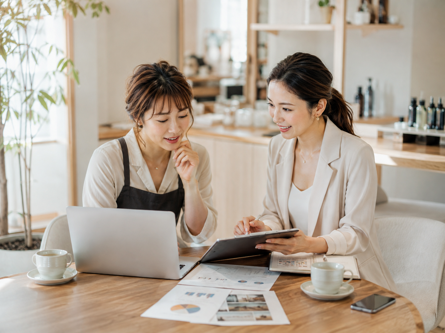 女性オーナーとWEB集客の打ち合わせを行っている様子