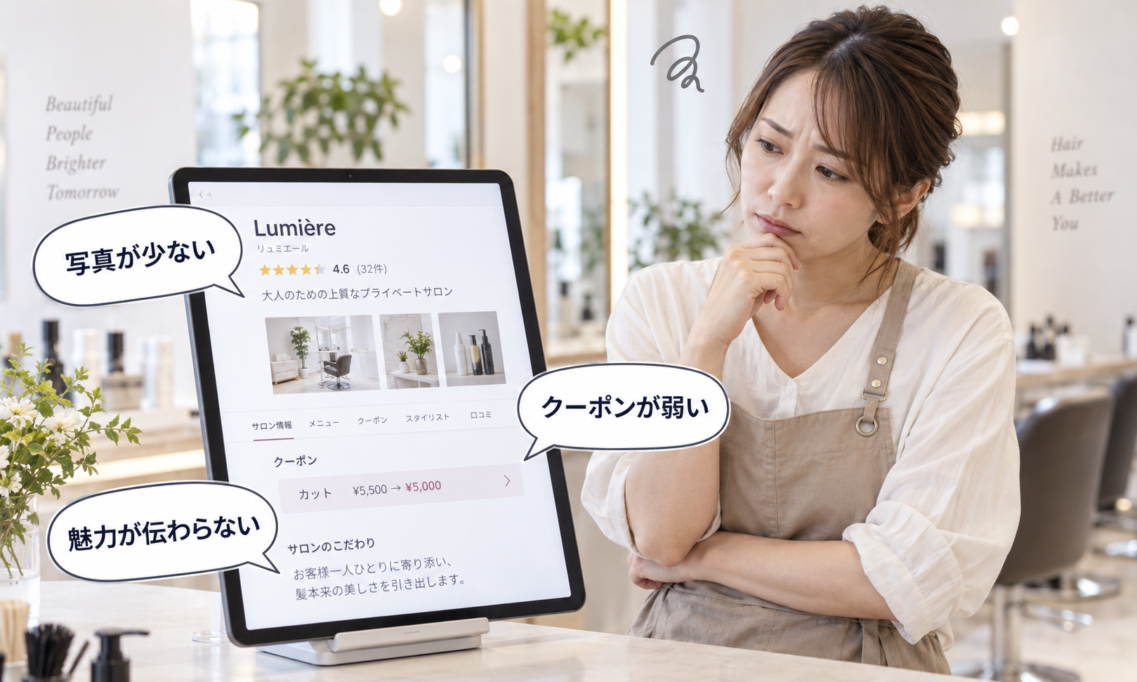 写真・クーポン・メニュー情報などが整理されずに散らかっているイメージ