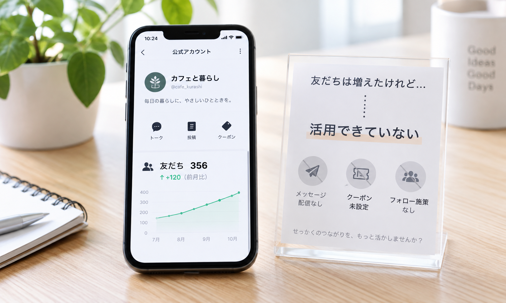 公式LINEの友だちは増えているが配信が止まって活用できていないイメージ