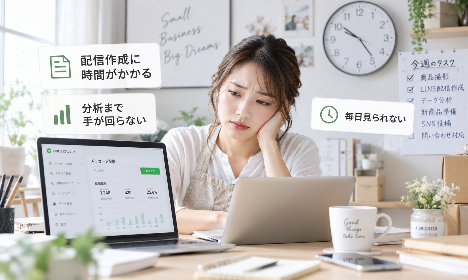 女性オーナーが仕事に追われ、LINEの配信や分析に時間をかけられない状況
