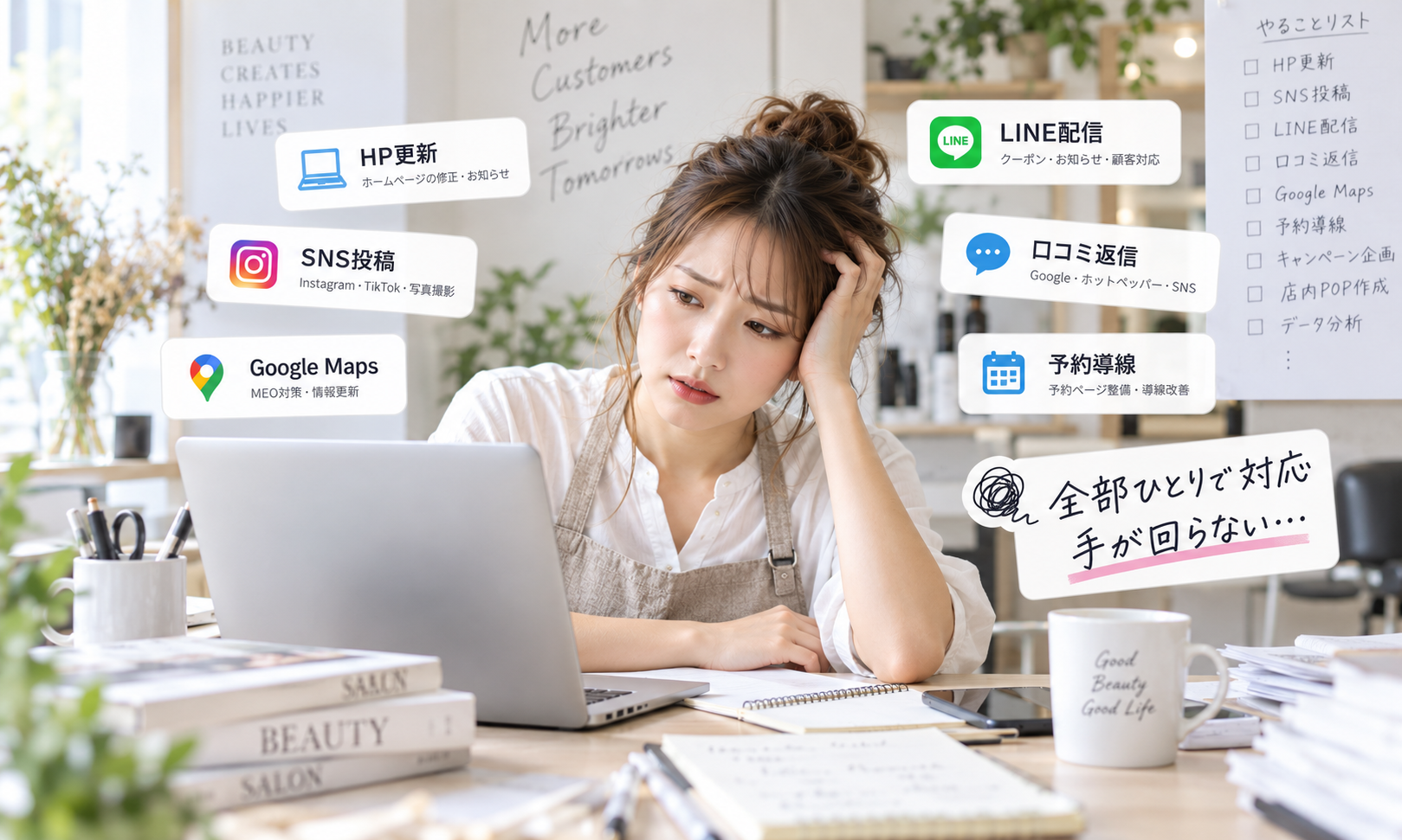 女性オーナーがPCやスマートフォン、資料に囲まれて複数業務を抱え、忙しくしている様子