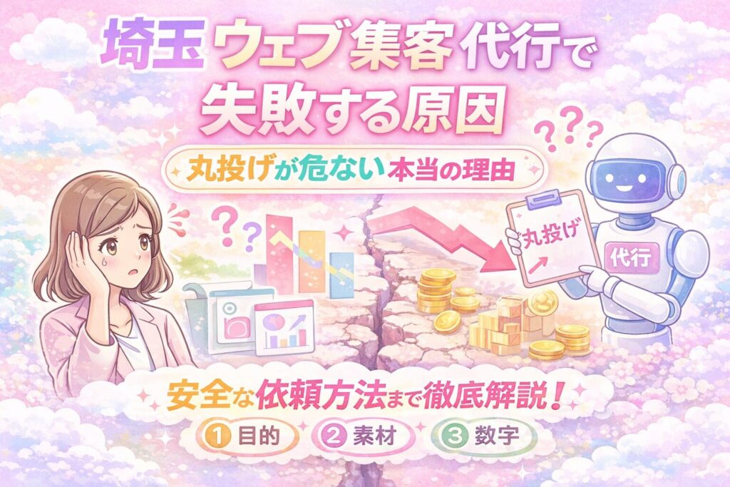 埼玉のWeb集客代行で失敗する原因として丸投げの危険性を、悩む女性経営者と「丸投げ」と書かれたボードを持つロボットのイラストで表したパステル調アイキャッチ画像
