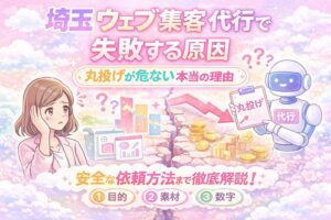 埼玉のWeb集客代行で失敗する原因として丸投げの危険性を、悩む女性経営者と「丸投げ」と書かれたボードを持つロボットのイラストで表したパステル調アイキャッチ画像