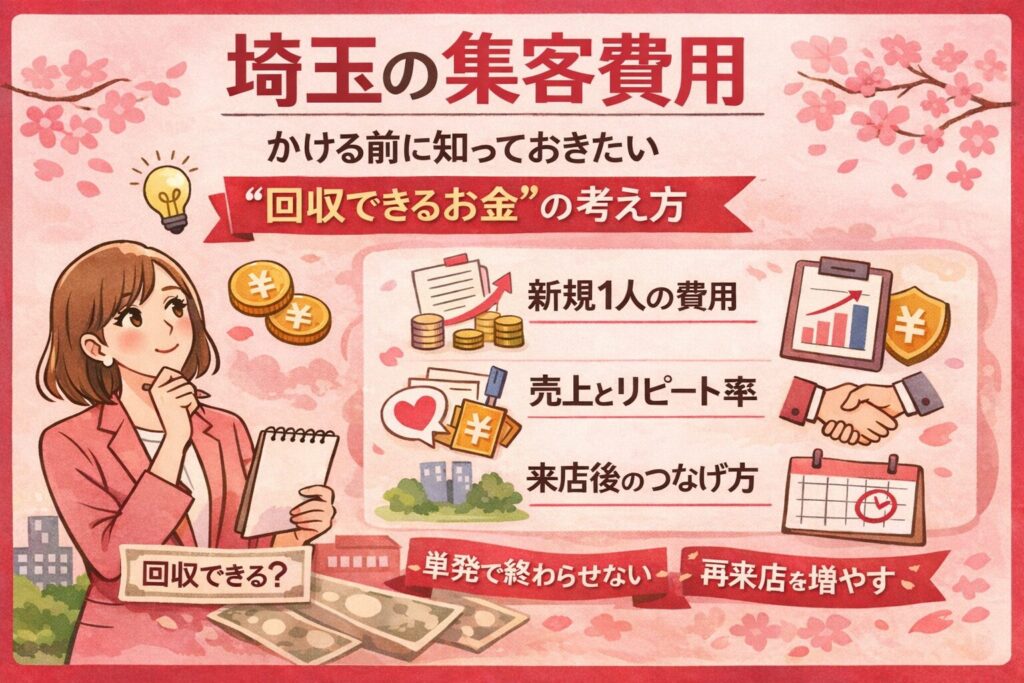 桜とやわらかなピンク背景の中に、埼玉の集客費用をかける前に回収できるお金の考え方を日本語で分かりやすく整理したアイキャッチ画像