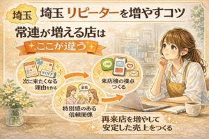埼玉でリピーターを増やすコツを解説するブログのアイキャッチ画像。次に来たくなる理由、来店後の接点、特別感のある信頼関係の3つのポイントをイラストで紹介。