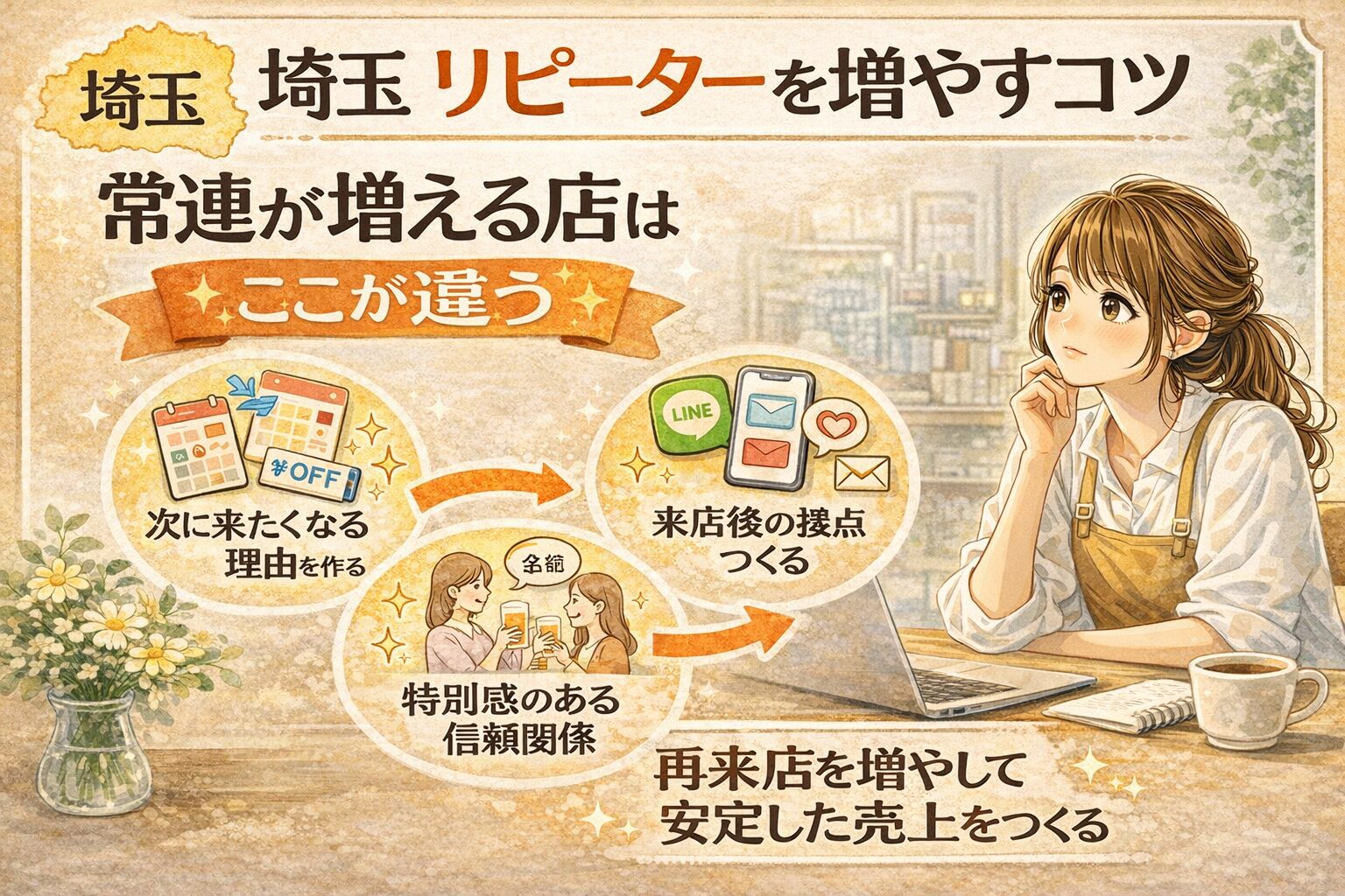 埼玉でリピーターを増やすコツを解説するブログのアイキャッチ画像。次に来たくなる理由、来店後の接点、特別感のある信頼関係の3つのポイントをイラストで紹介。