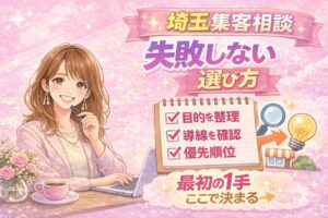 埼玉の集客相談で失敗しない選び方を解説するアイキャッチ画像。目的整理・導線確認・優先順位を決める重要性を紹介。