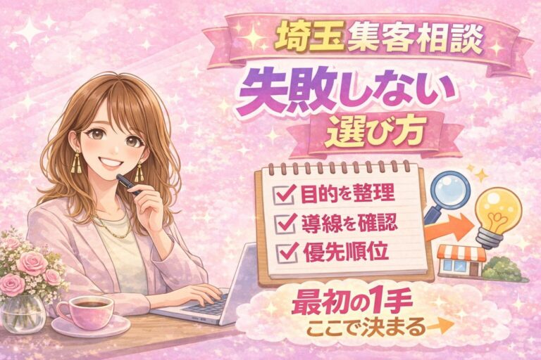 埼玉の集客相談で失敗しない選び方を解説するアイキャッチ画像。目的整理・導線確認・優先順位を決める重要性を紹介。