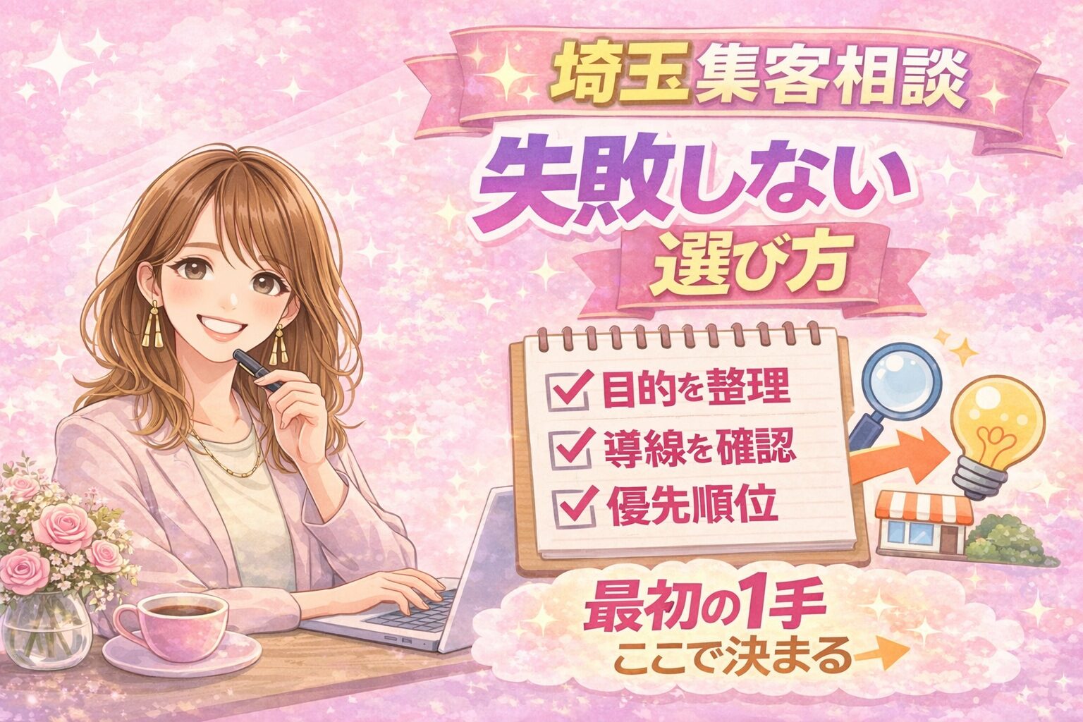 埼玉の集客相談で失敗しない選び方を解説するアイキャッチ画像。目的整理・導線確認・優先順位を決める重要性を紹介。