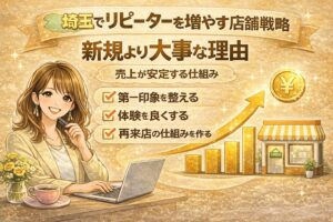 埼玉でリピーターを増やす店舗戦略を解説するアイキャッチ画像。新規より大切な理由と売上を安定させる仕組みをイラストで紹介。