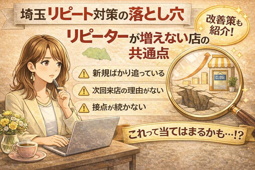 埼玉の店舗向けにリピート対策の落とし穴を解説するアイキャッチ画像。リピーターが増えない店の共通点として、新規ばかり追う・次回来店の理由がない・接点が続かない問題を示している。