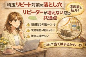 埼玉の店舗向けにリピート対策の落とし穴を解説するアイキャッチ画像。リピーターが増えない店の共通点として、新規ばかり追う・次回来店の理由がない・接点が続かない問題を示している。