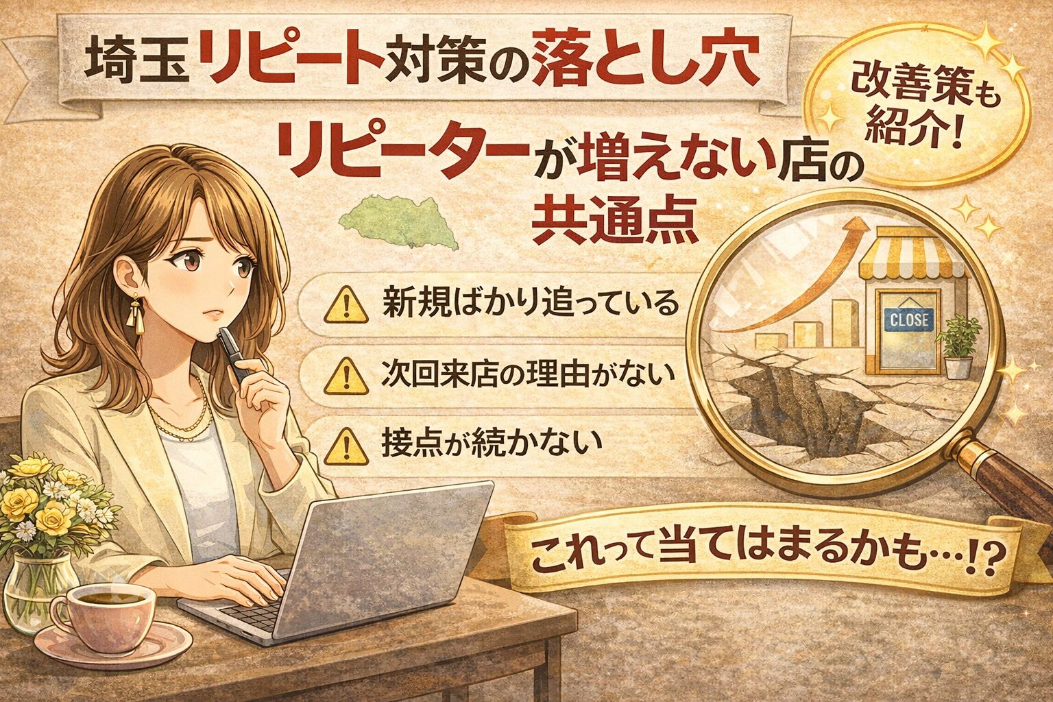 埼玉の店舗向けにリピート対策の落とし穴を解説するアイキャッチ画像。リピーターが増えない店の共通点として、新規ばかり追う・次回来店の理由がない・接点が続かない問題を示している。