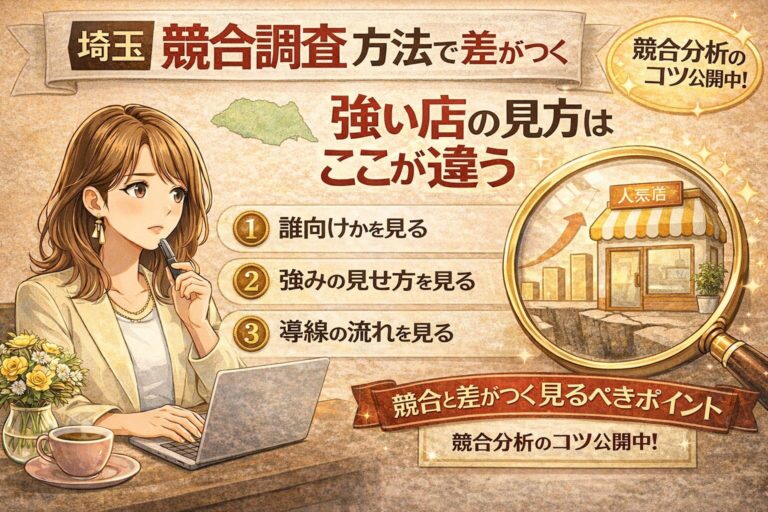 埼玉の競合調査方法を解説するブログのアイキャッチ画像。強い店の見方として、誰向けか、強みの見せ方、導線の流れを見る3つのポイントを示している。