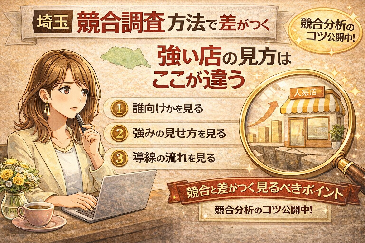 埼玉の競合調査方法を解説するブログのアイキャッチ画像。強い店の見方として、誰向けか、強みの見せ方、導線の流れを見る3つのポイントを示している。