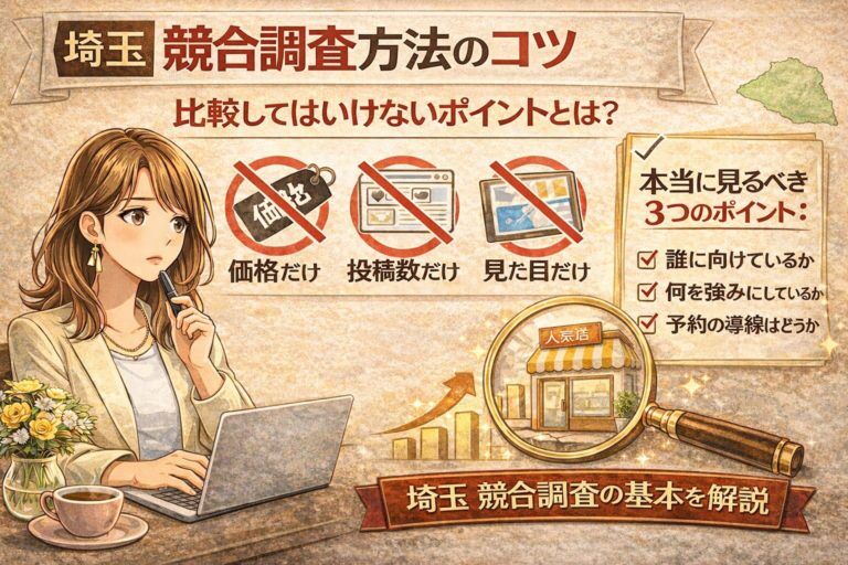 埼玉の競合調査方法を解説するアイキャッチ画像。比較してはいけないポイントとして価格だけ・投稿数だけ・見た目だけを示し、本当に見るべき3つの視点を紹介している。