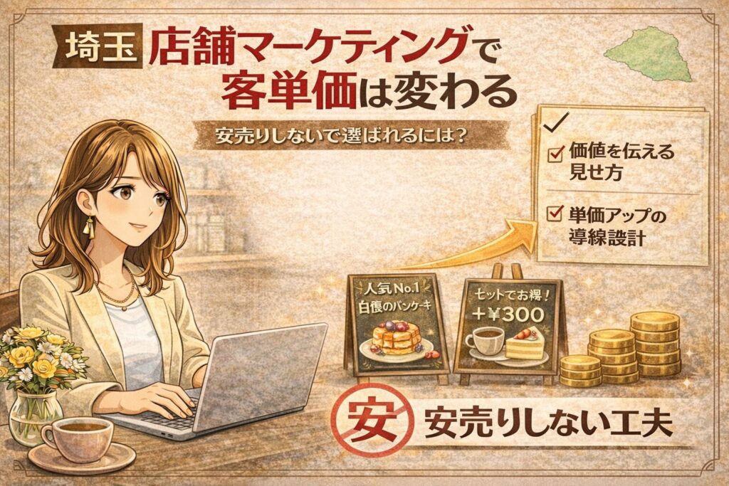 埼玉の店舗マーケティングで客単価を上げる考え方を解説するアイキャッチ画像。安売りせずに選ばれるための見せ方と導線の工夫を示している。