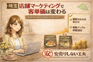 埼玉の店舗マーケティングで客単価を上げる考え方を解説するアイキャッチ画像。安売りせずに選ばれるための見せ方と導線の工夫を示している。