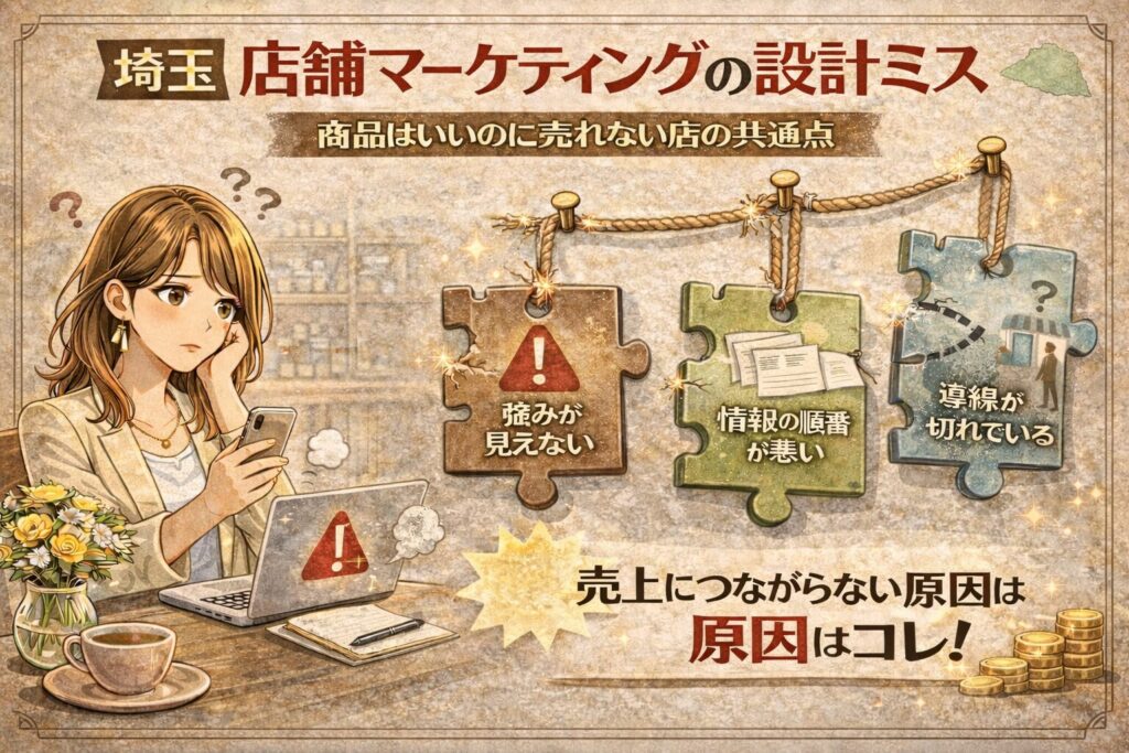 埼玉の店舗マーケティングの設計ミスを解説するアイキャッチ画像。商品はいいのに売れない店の共通点として、強みが見えない、情報の順番が悪い、導線が切れている問題を示している。