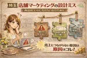 埼玉の店舗マーケティングの設計ミスを解説するアイキャッチ画像。商品はいいのに売れない店の共通点として、強みが見えない、情報の順番が悪い、導線が切れている問題を示している。