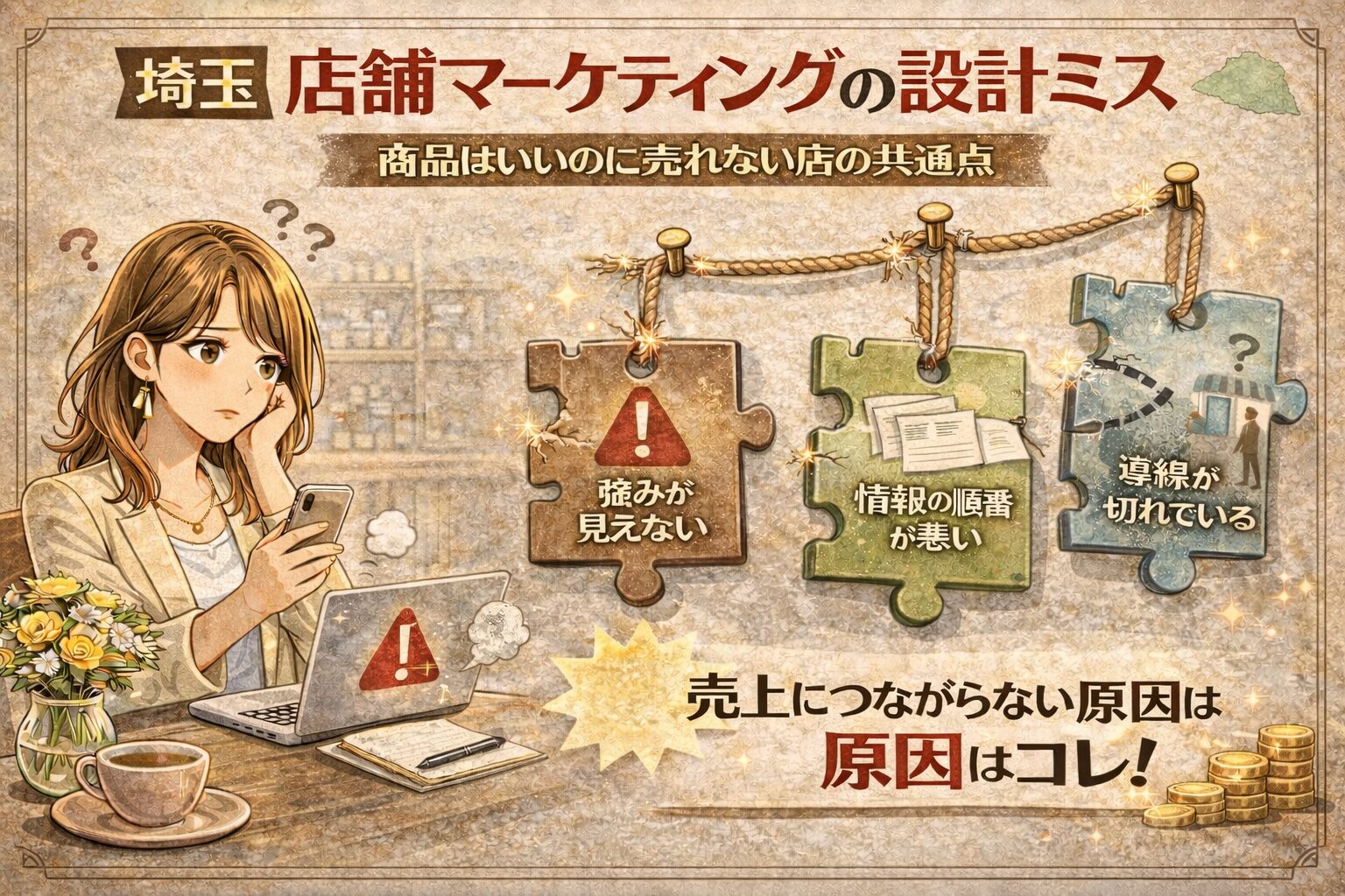 埼玉の店舗マーケティングの設計ミスを解説するアイキャッチ画像。商品はいいのに売れない店の共通点として、強みが見えない、情報の順番が悪い、導線が切れている問題を示している。