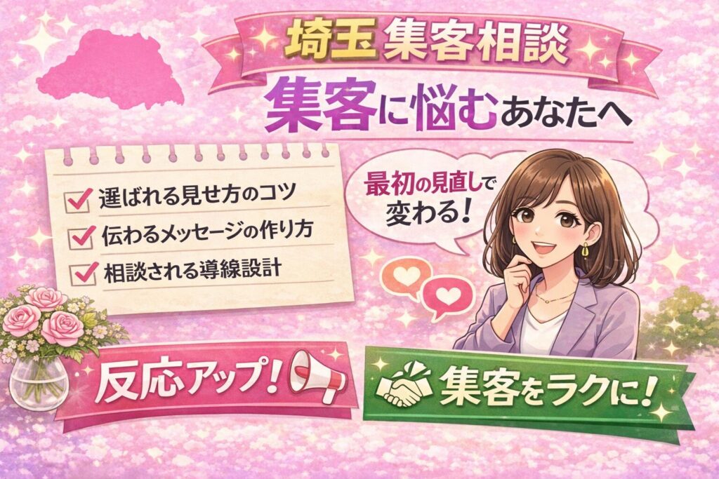 埼玉で集客に悩む女性起業家向けに、選ばれる見せ方のコツや伝わるメッセージの作り方、相談される導線設計を紹介するイラスト調のアイキャッチ画像