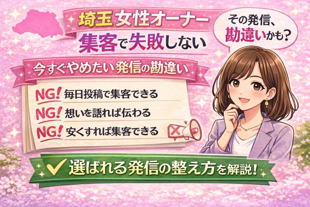 埼玉で集客に悩む女性オーナー向けに、発信の勘違いと選ばれる発信の整え方を紹介したピンク系のイラスト調アイキャッチ画像