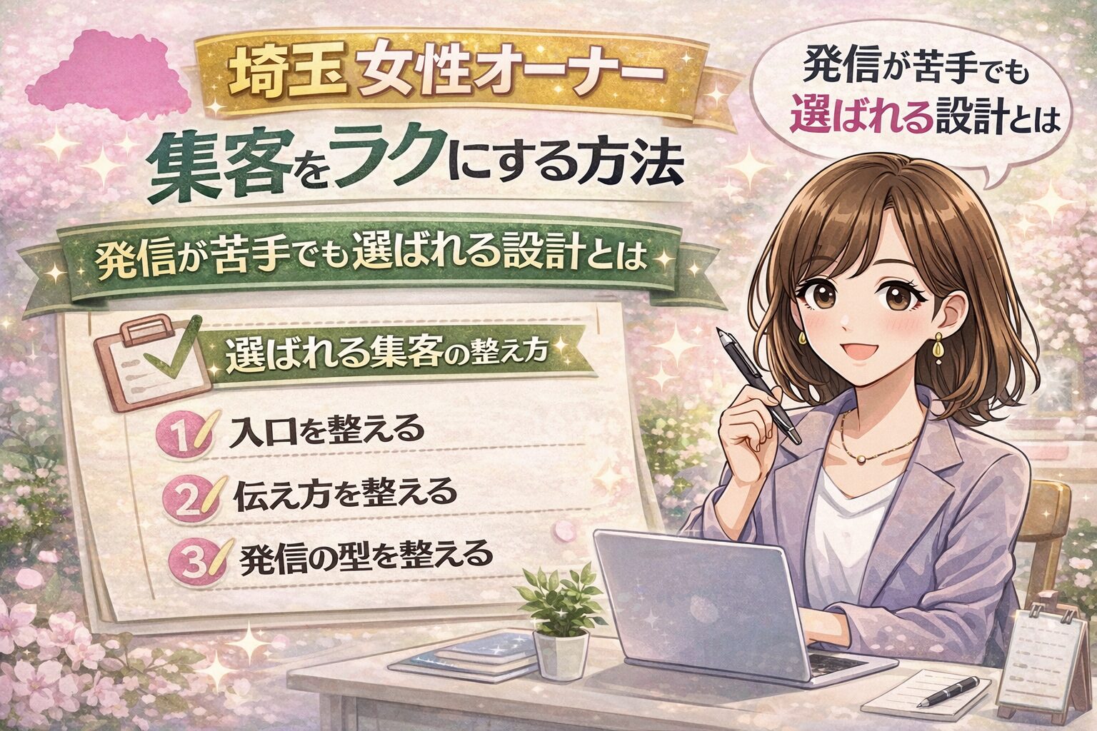 埼玉で集客に悩む女性オーナー向けに、発信が苦手でも選ばれる設計の整え方を紹介したイラスト調のアイキャッチ画像