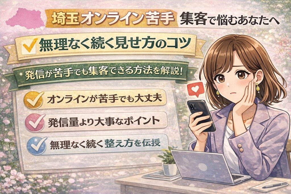 埼玉でオンラインが苦手でも集客を続けるコツを紹介する、女性経営者向けのやわらかいイラスト調アイキャッチ画像