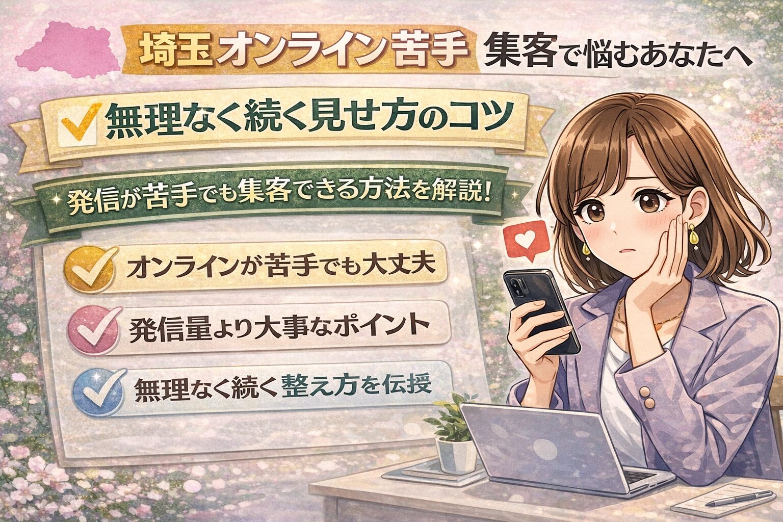 埼玉でオンラインが苦手でも集客を続けるコツを紹介する、女性経営者向けのやわらかいイラスト調アイキャッチ画像