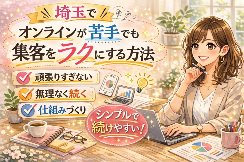 埼玉でオンラインが苦手でも集客をラクにする方法を紹介する、女性経営者向けのやわらかいイラスト調アイキャッチ画像