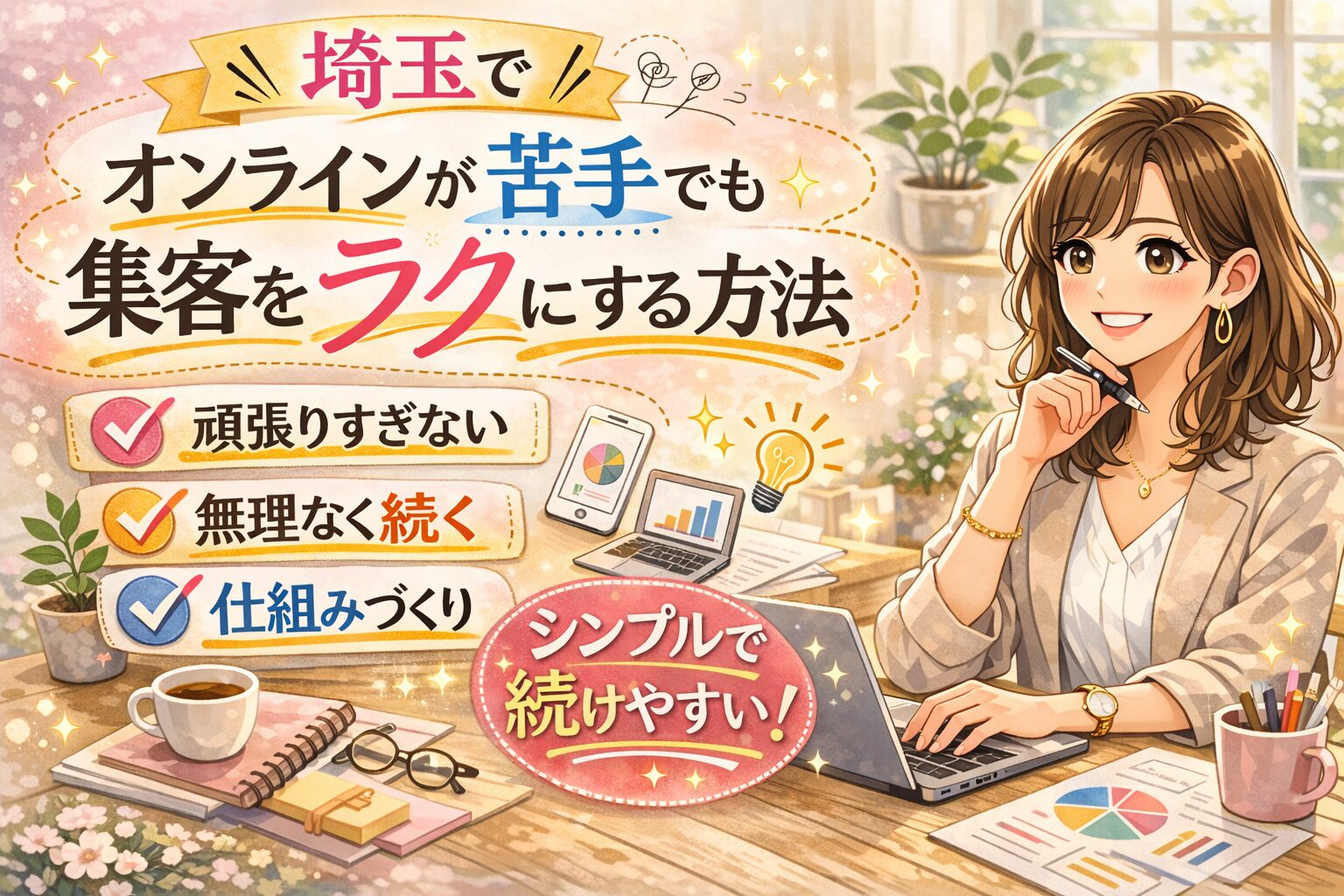 埼玉でオンラインが苦手でも集客をラクにする方法を紹介する、女性経営者向けのやわらかいイラスト調アイキャッチ画像