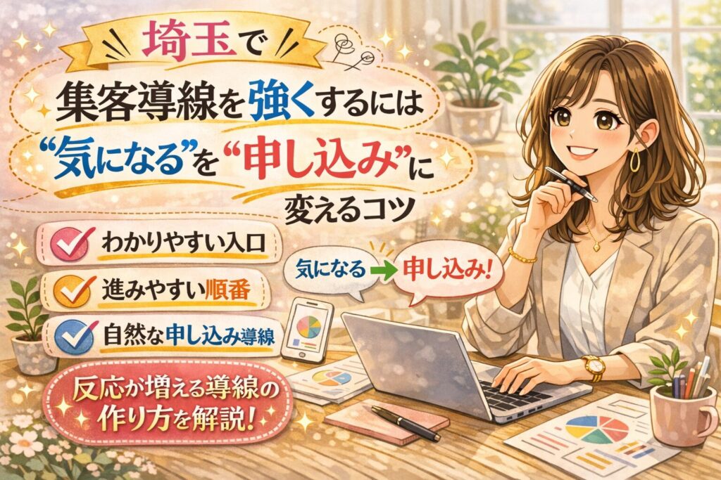 埼玉で集客導線を強くしたい方向けに、“気になる”を“申し込み”に変えるコツを紹介した女性向けのイラスト調アイキャッチ画像