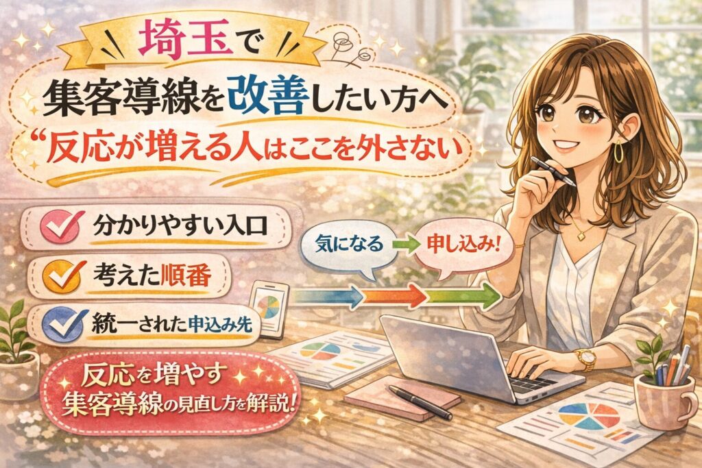 埼玉で集客導線を改善したい方向けに、反応を増やす入口や順番、申込み先の整え方を紹介した女性向けイラスト調アイキャッチ画像