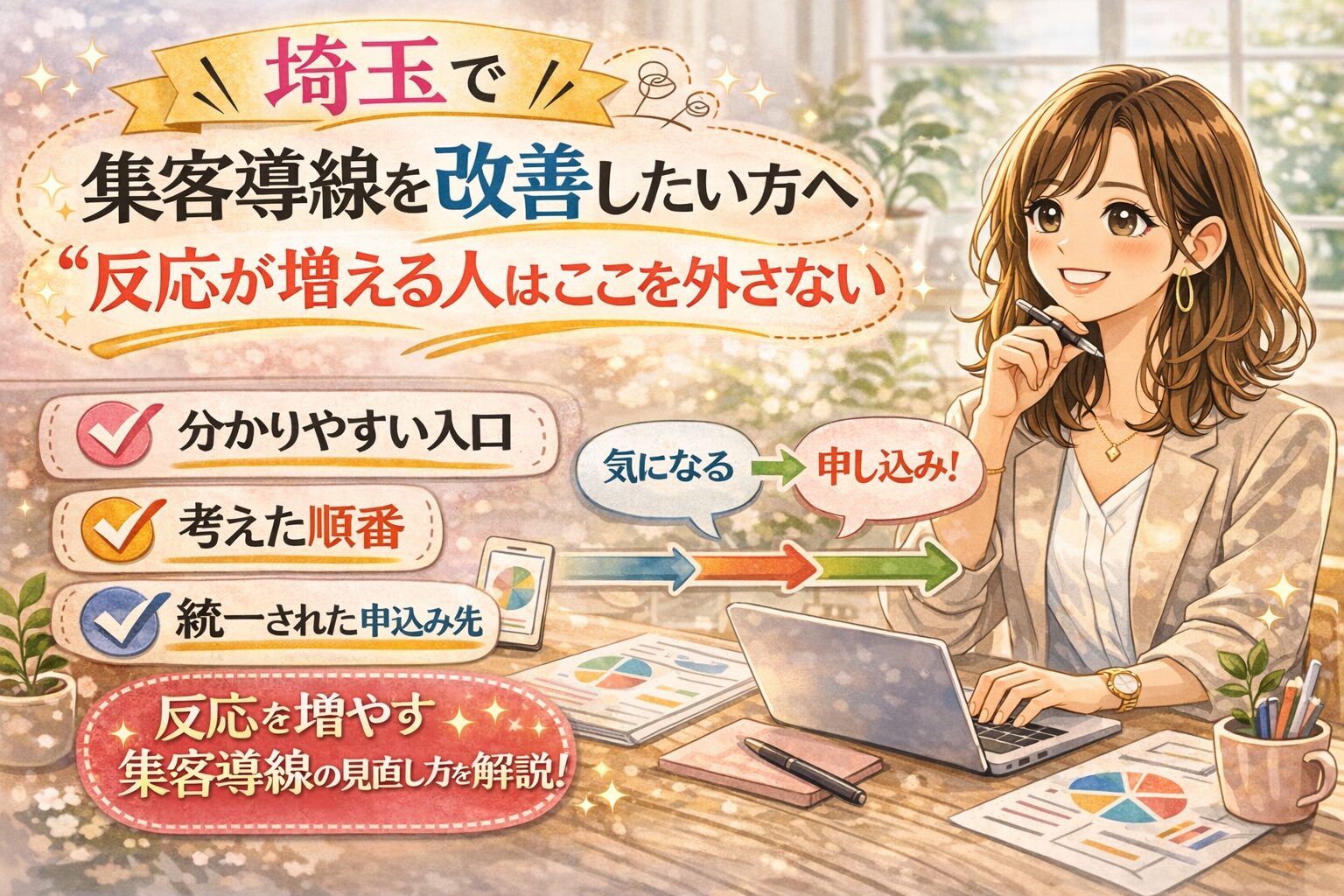 埼玉で集客導線を改善したい方向けに、反応を増やす入口や順番、申込み先の整え方を紹介した女性向けイラスト調アイキャッチ画像