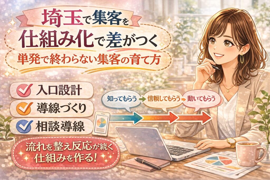 埼玉で集客を仕組み化したい方向けに、単発で終わらない集客の育て方を紹介した女性向けイラスト調アイキャッチ画像