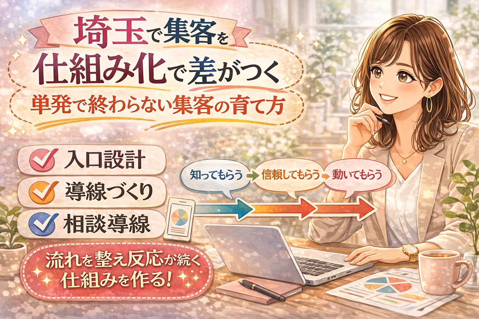 埼玉で集客を仕組み化したい方向けに、単発で終わらない集客の育て方を紹介した女性向けイラスト調アイキャッチ画像