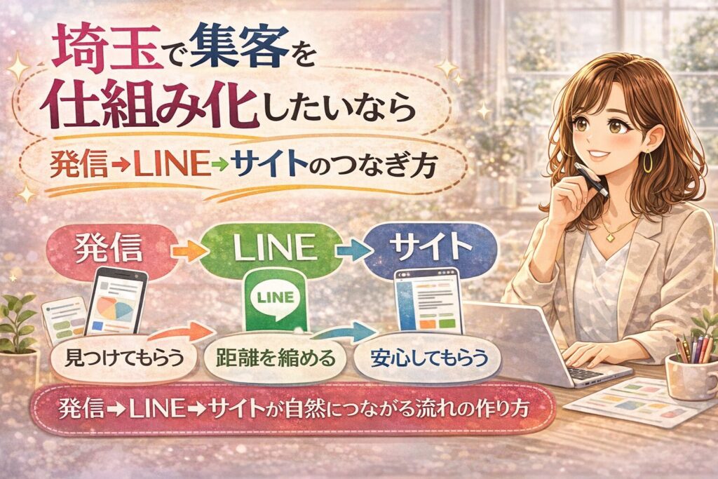 埼玉で集客を仕組み化したい方向けに、発信・LINE・サイトのつなぎ方を分かりやすく伝える女性向けイラスト調アイキャッチ画像