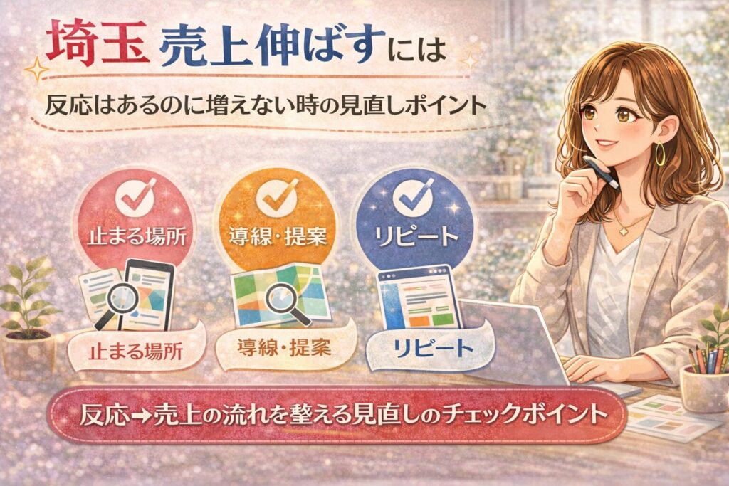 埼玉で売上を伸ばしたい方向けに、反応はあるのに増えない時の原因を整理した女性向けイラスト調アイキャッチ画像