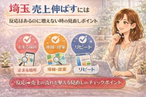 埼玉で売上を伸ばしたい方向けに、反応はあるのに増えない時の原因を整理した女性向けイラスト調アイキャッチ画像