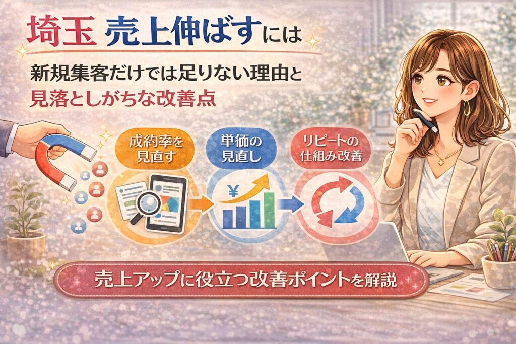埼玉で売上を伸ばしたい方向けに、新規集客だけでは足りない理由と改善点を分かりやすく伝える女性向けイラスト調アイキャッチ画像