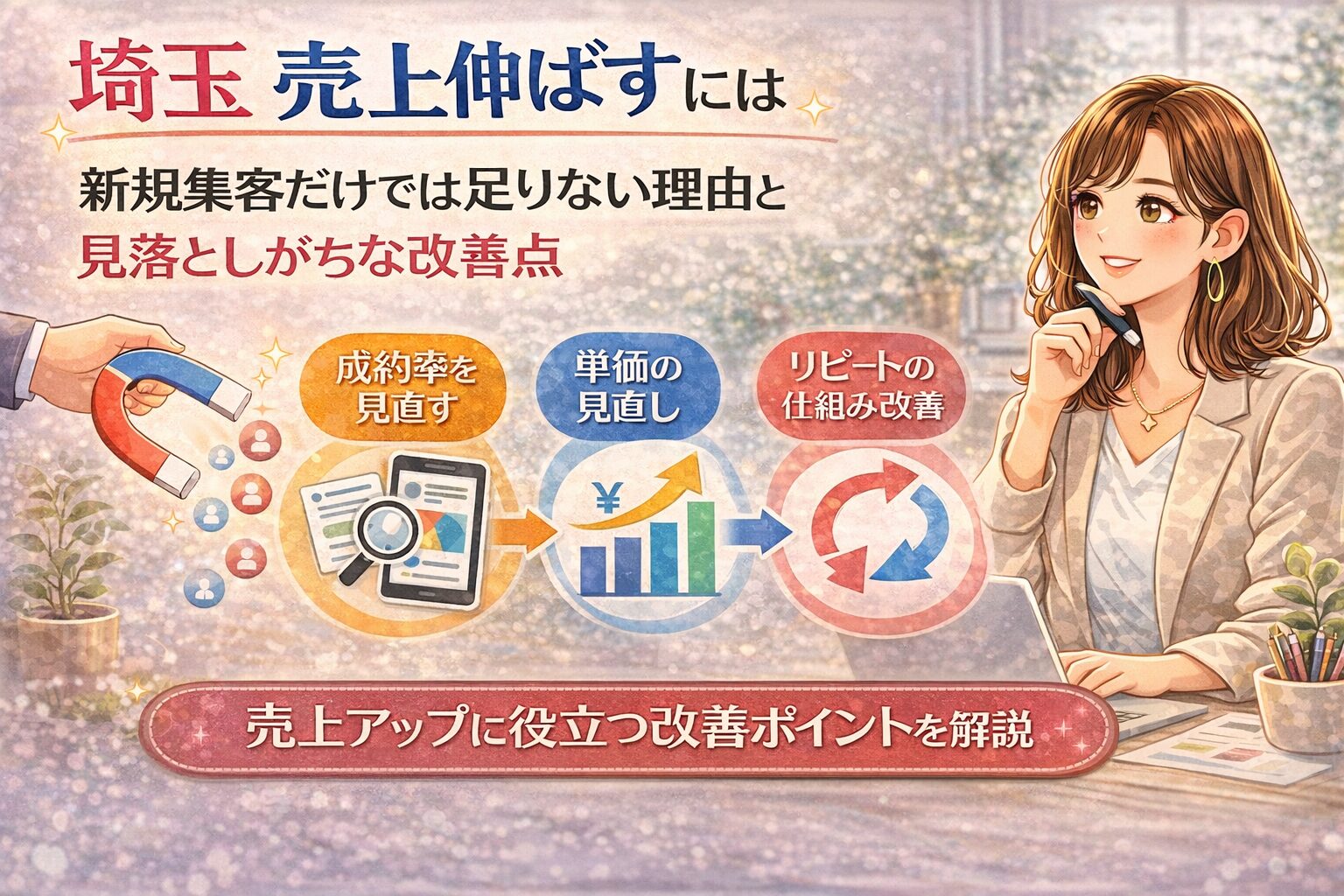 埼玉で売上を伸ばしたい方向けに、新規集客だけでは足りない理由と改善点を分かりやすく伝える女性向けイラスト調アイキャッチ画像