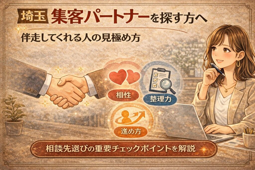 埼玉で集客パートナーを探す方向けに、伴走してくれる人の見極め方を分かりやすく伝える女性向けイラスト調アイキャッチ画像