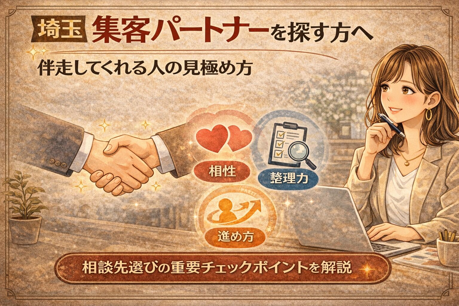 埼玉で集客パートナーを探す方向けに、伴走してくれる人の見極め方を分かりやすく伝える女性向けイラスト調アイキャッチ画像