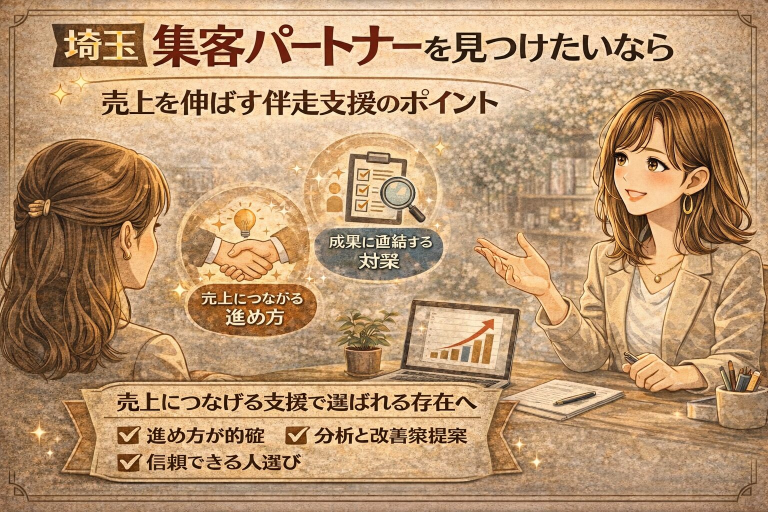 埼玉で集客パートナーを見つけたい方向けに、売上につながる伴走型支援の考え方を伝える女性向けイラスト調アイキャッチ画像