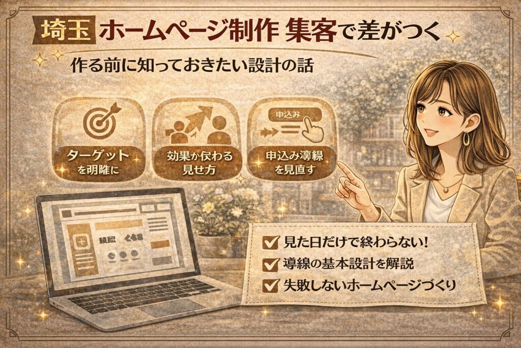 埼玉でホームページ制作を考える方向けに、集客につながる設計のポイントを分かりやすく伝える女性向けイラスト調アイキャッチ画像