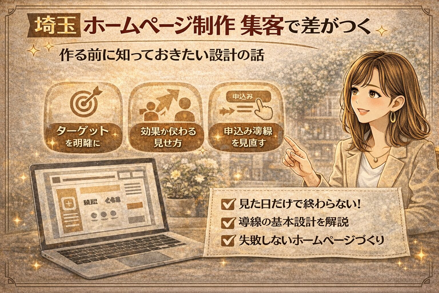 埼玉でホームページ制作を考える方向けに、集客につながる設計のポイントを分かりやすく伝える女性向けイラスト調アイキャッチ画像