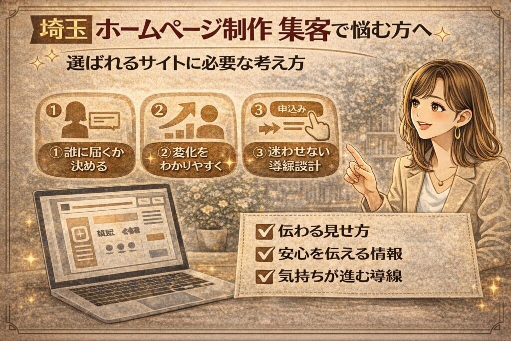 埼玉でホームページ制作と集客に悩む方向けに、選ばれるサイトに必要な考え方を分かりやすく伝える女性向けイラスト調アイキャッチ画像