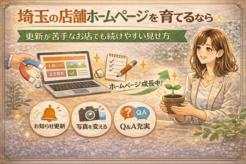 埼玉の店舗ホームページを育てる考え方として、更新が苦手なお店でも続けやすい見せ方を、お知らせ更新・写真変更・Q&A充実の3要素で示している