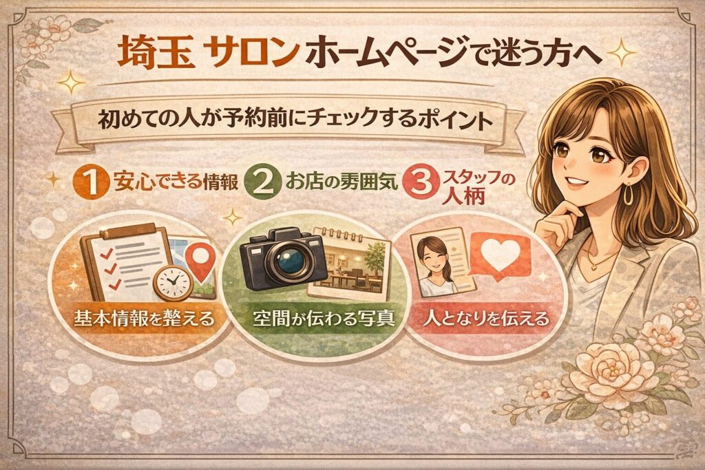 埼玉でサロンホームページを検討する方向けに、予約前に見られるポイントと改善の方向を分かりやすく示した女性向けアイキャッチ画像